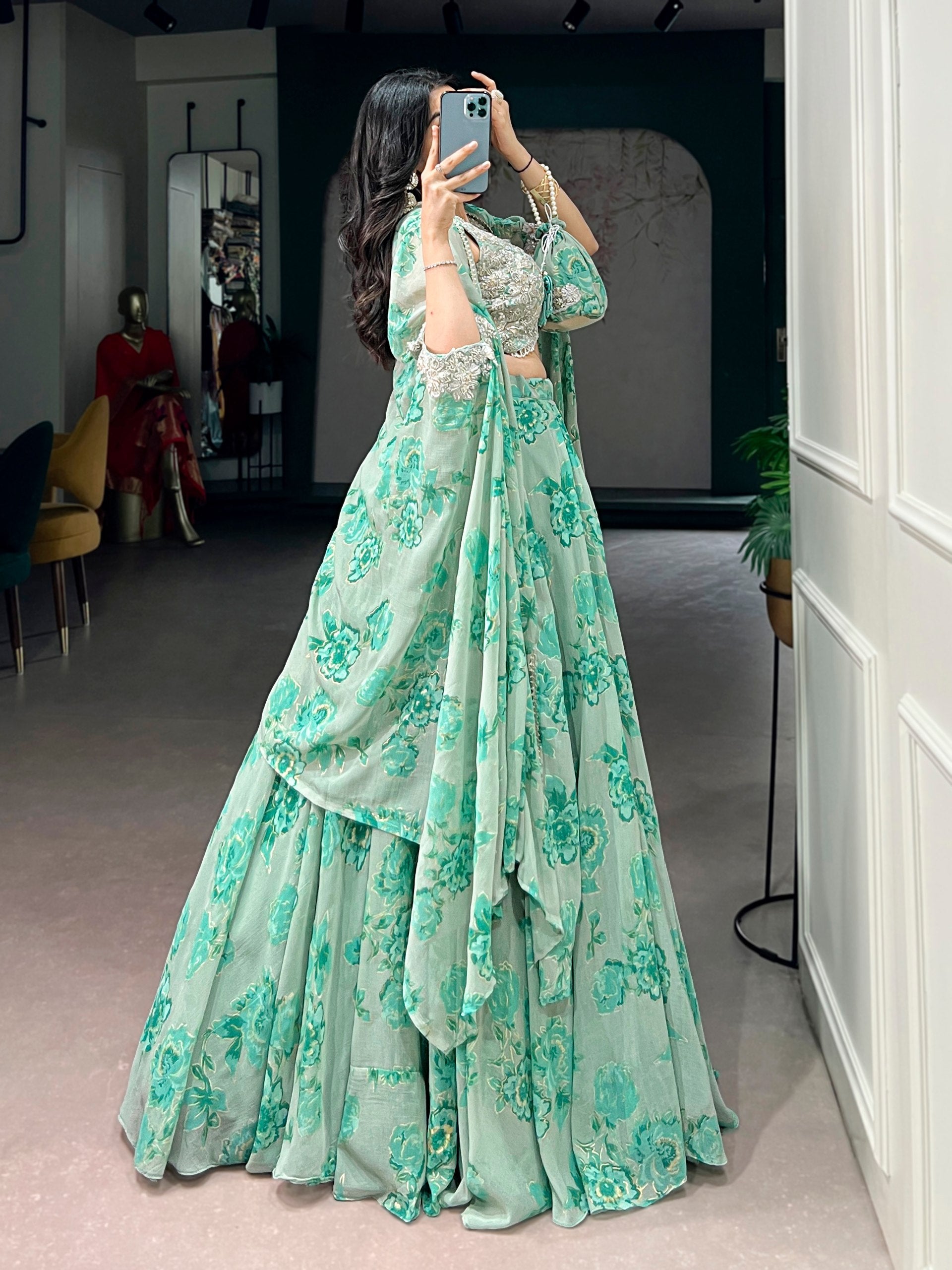 Mint Green Floral Georgette Cape Style Lehenga Choli Set with Embroidered Blouse & Batwa