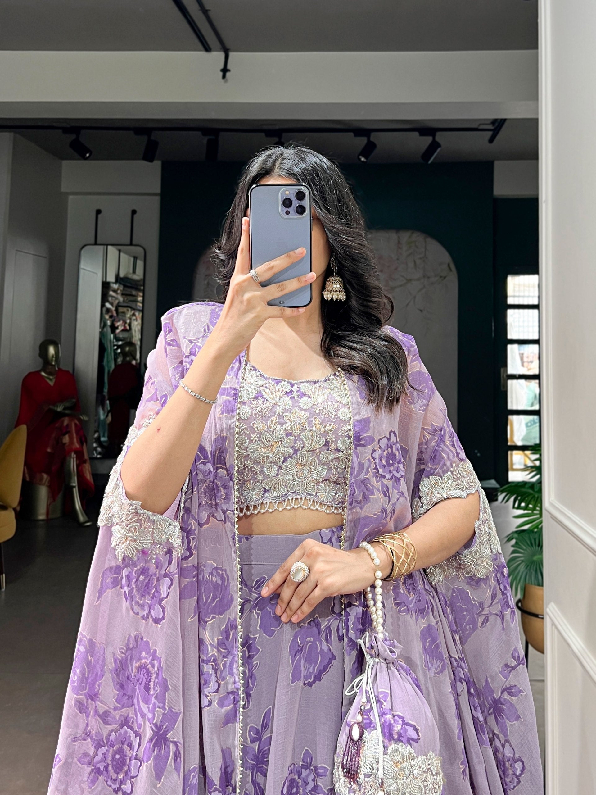 Lavender Floral Georgette Cape Style Lehenga Choli Set with Embroidered Blouse & Batwa