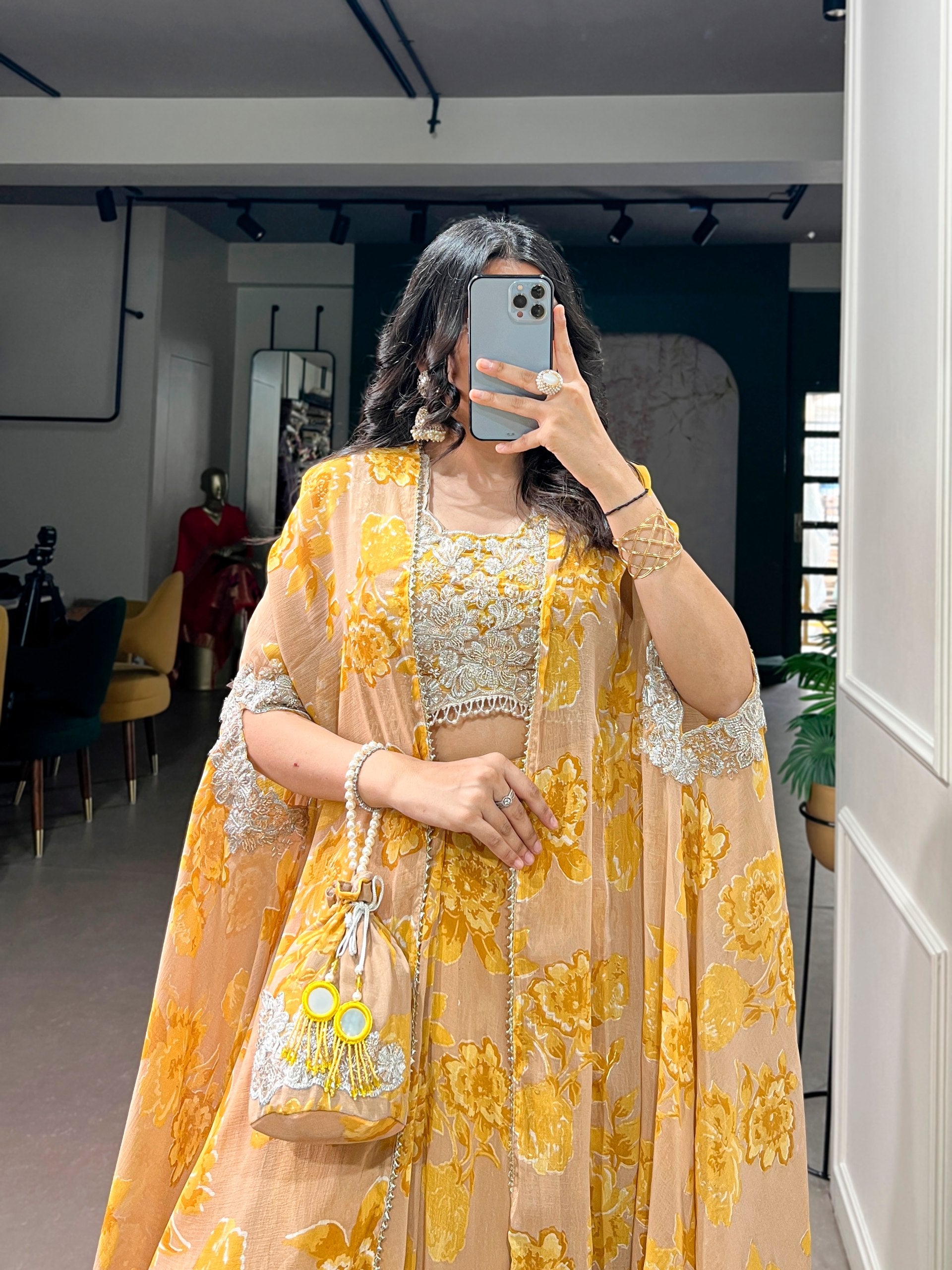 Pastel Mustard Floral Georgette Cape Style Lehenga Choli Set with Embroidered Blouse & Batwa