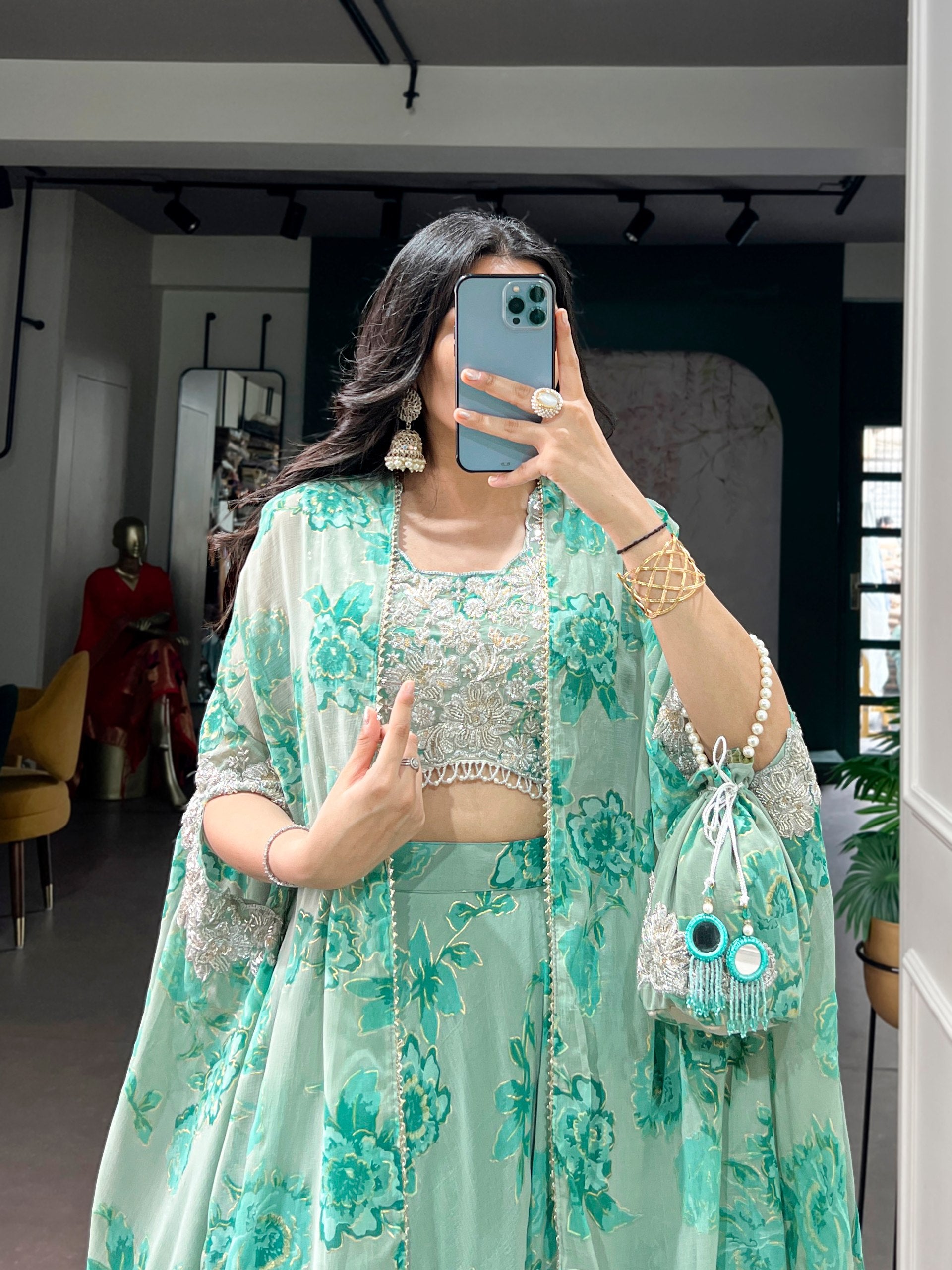 Mint Green Floral Georgette Cape Style Lehenga Choli Set with Embroidered Blouse & Batwa