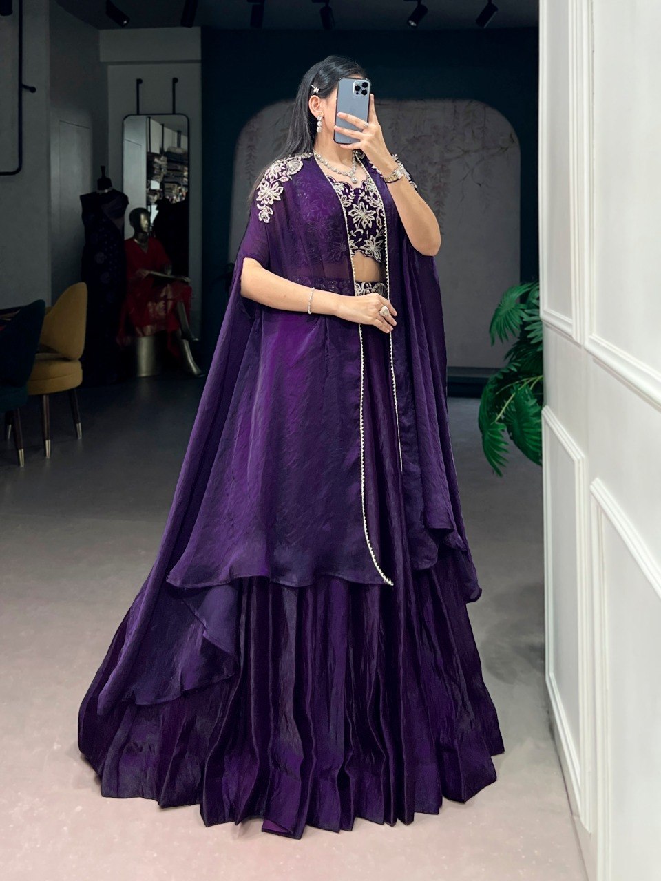 Royal Purple Fendi Silk Cape Style Lehenga with Embroidered Shrug