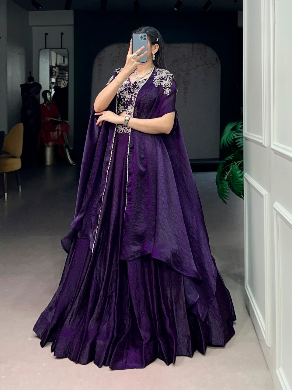 Royal Purple Fendi Silk Cape Style Lehenga with Embroidered Shrug