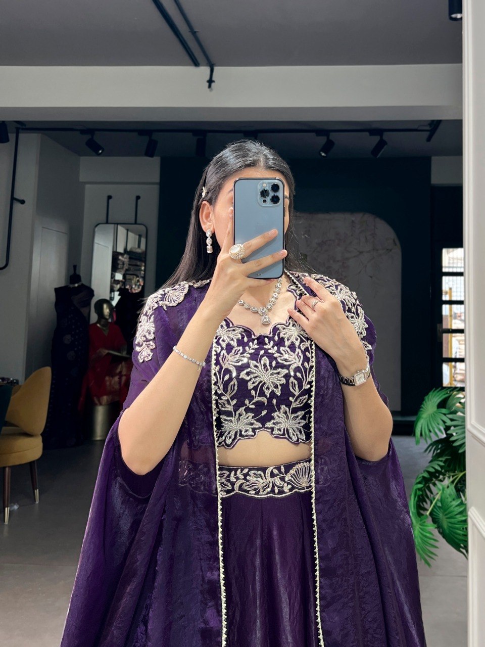 Royal Purple Fendi Silk Cape Style Lehenga with Embroidered Shrug