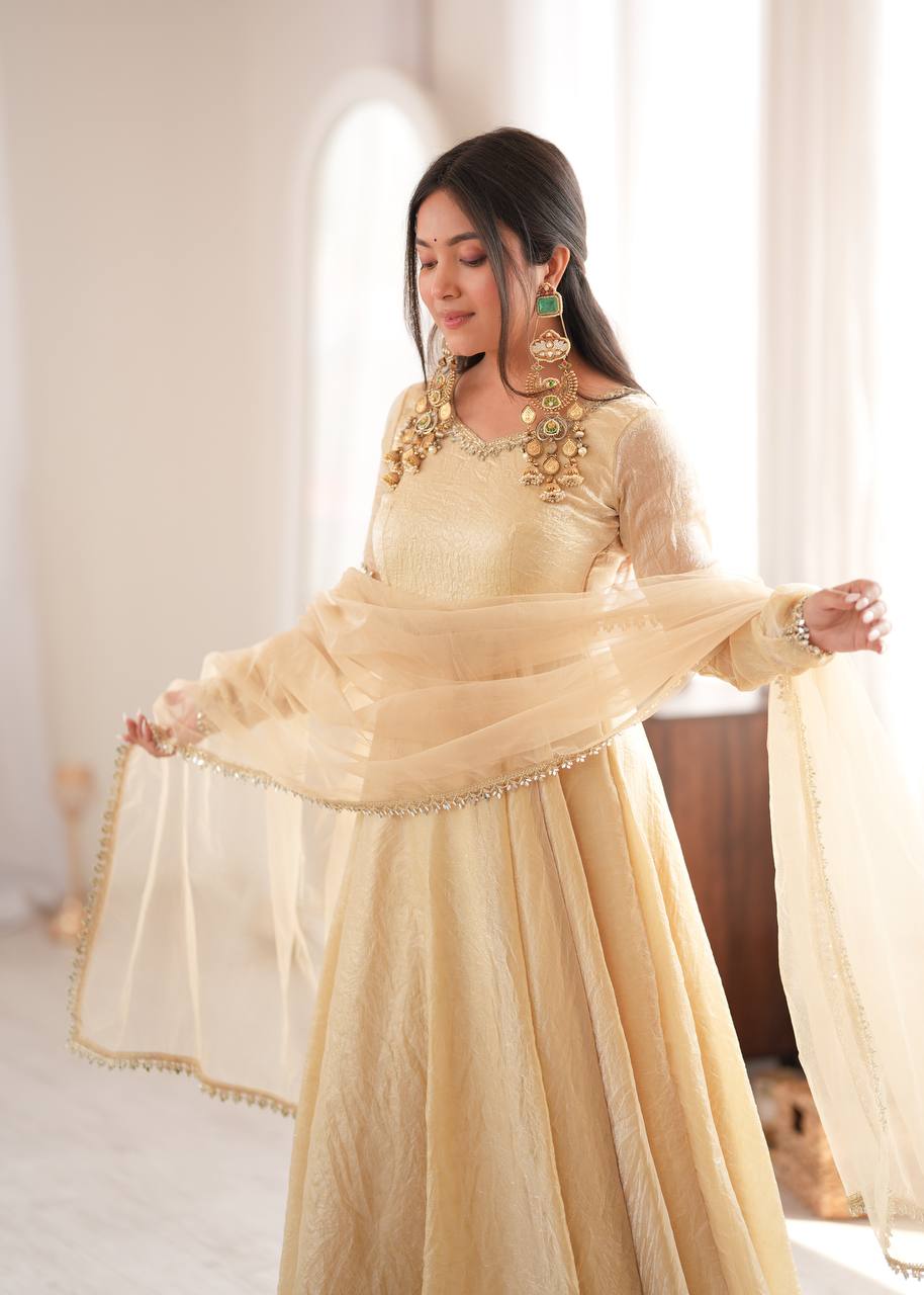 Champagne Gold Doremon Crush Anarkali Gown Set with Butterfly Net Dupatta