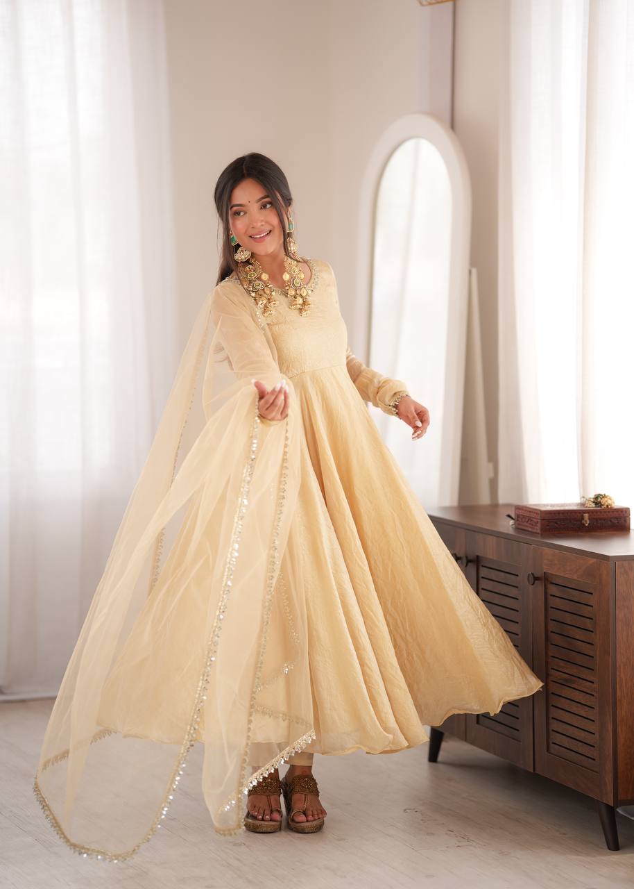 Champagne Gold Doremon Crush Anarkali Gown Set with Butterfly Net Dupatta