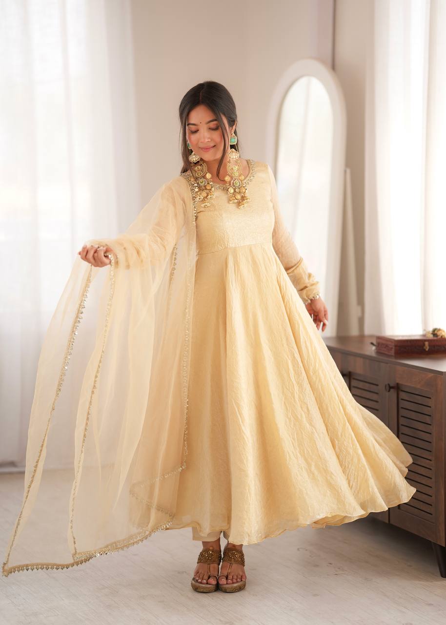 Champagne Gold Doremon Crush Anarkali Gown Set with Butterfly Net Dupatta