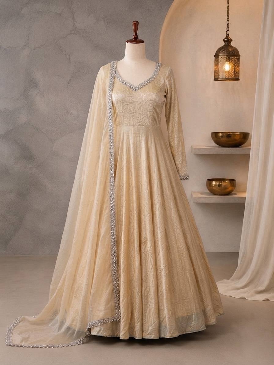 Champagne Gold Doremon Crush Anarkali Gown Set with Butterfly Net Dupatta