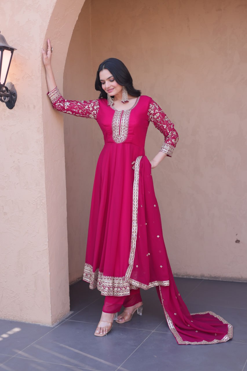 Rani Pink Faux Blooming Embroidered Gown with Pant & Dupatta | Zari Sequins Party Wear Set