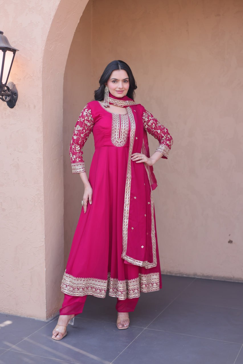 Rani Pink Faux Blooming Embroidered Gown with Pant & Dupatta | Zari Sequins Party Wear Set