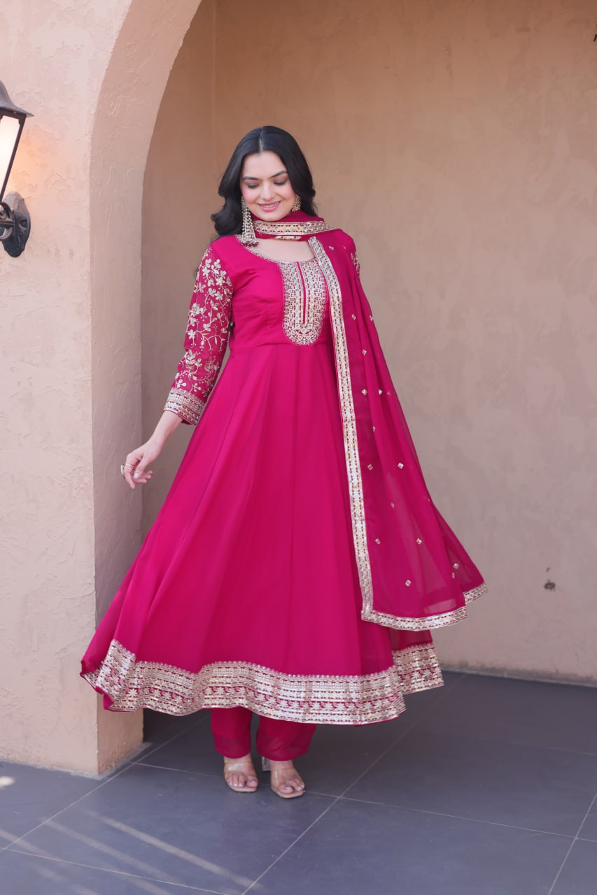 Rani Pink Faux Blooming Embroidered Gown with Pant & Dupatta | Zari Sequins Party Wear Set