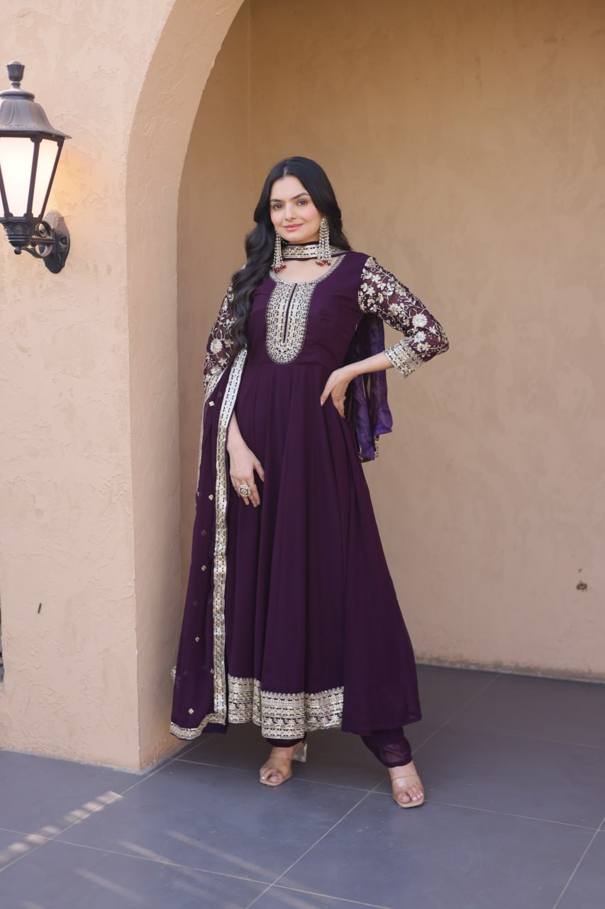 Wine Embroidered Faux Blooming Gown Pant Dupatta Set with Zari Sequins Work