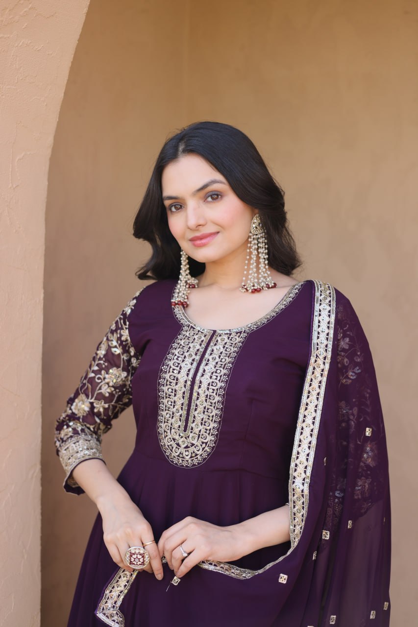 Wine Embroidered Faux Blooming Gown Pant Dupatta Set with Zari Sequins Work