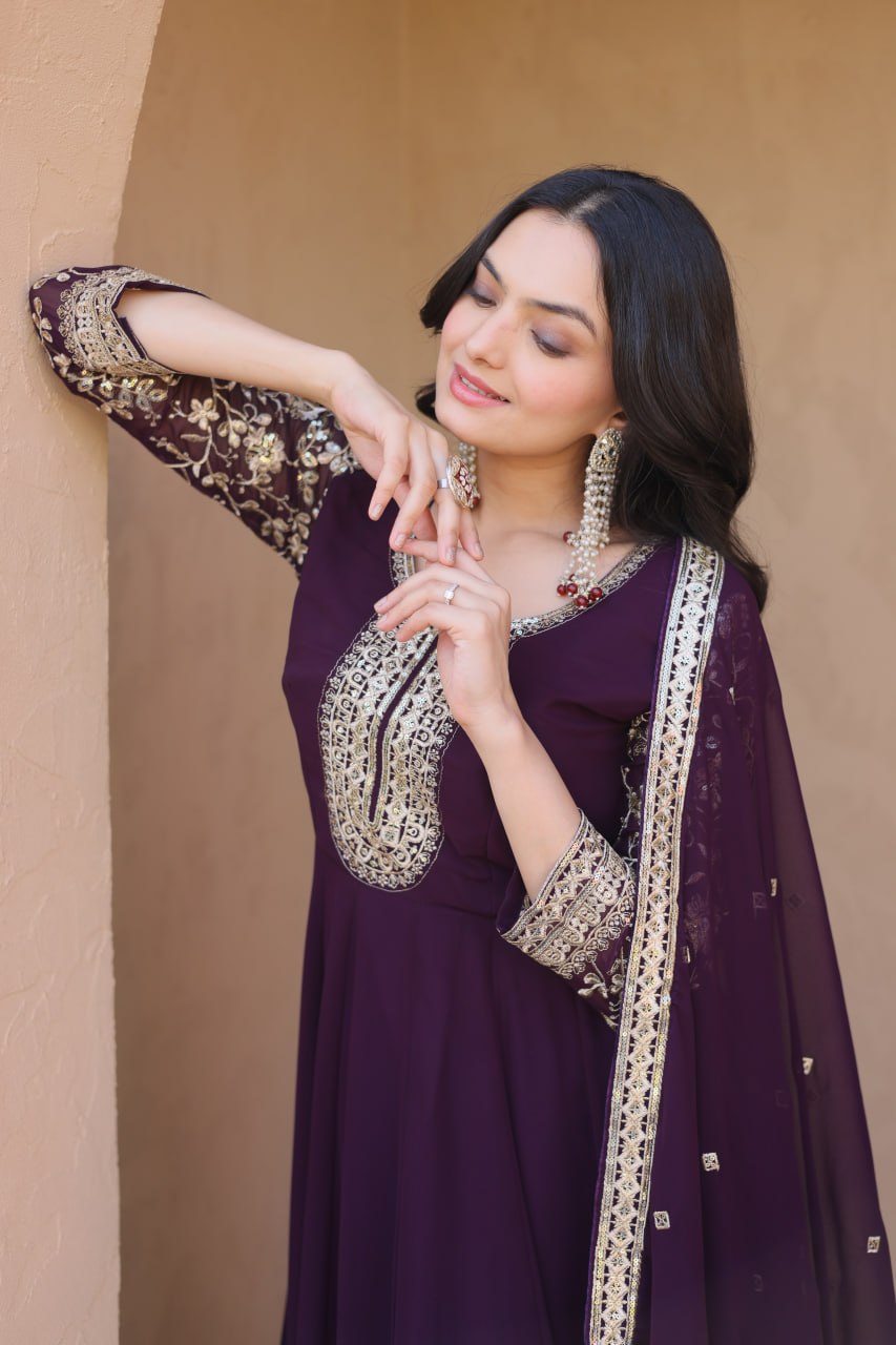 Wine Embroidered Faux Blooming Gown Pant Dupatta Set with Zari Sequins Work