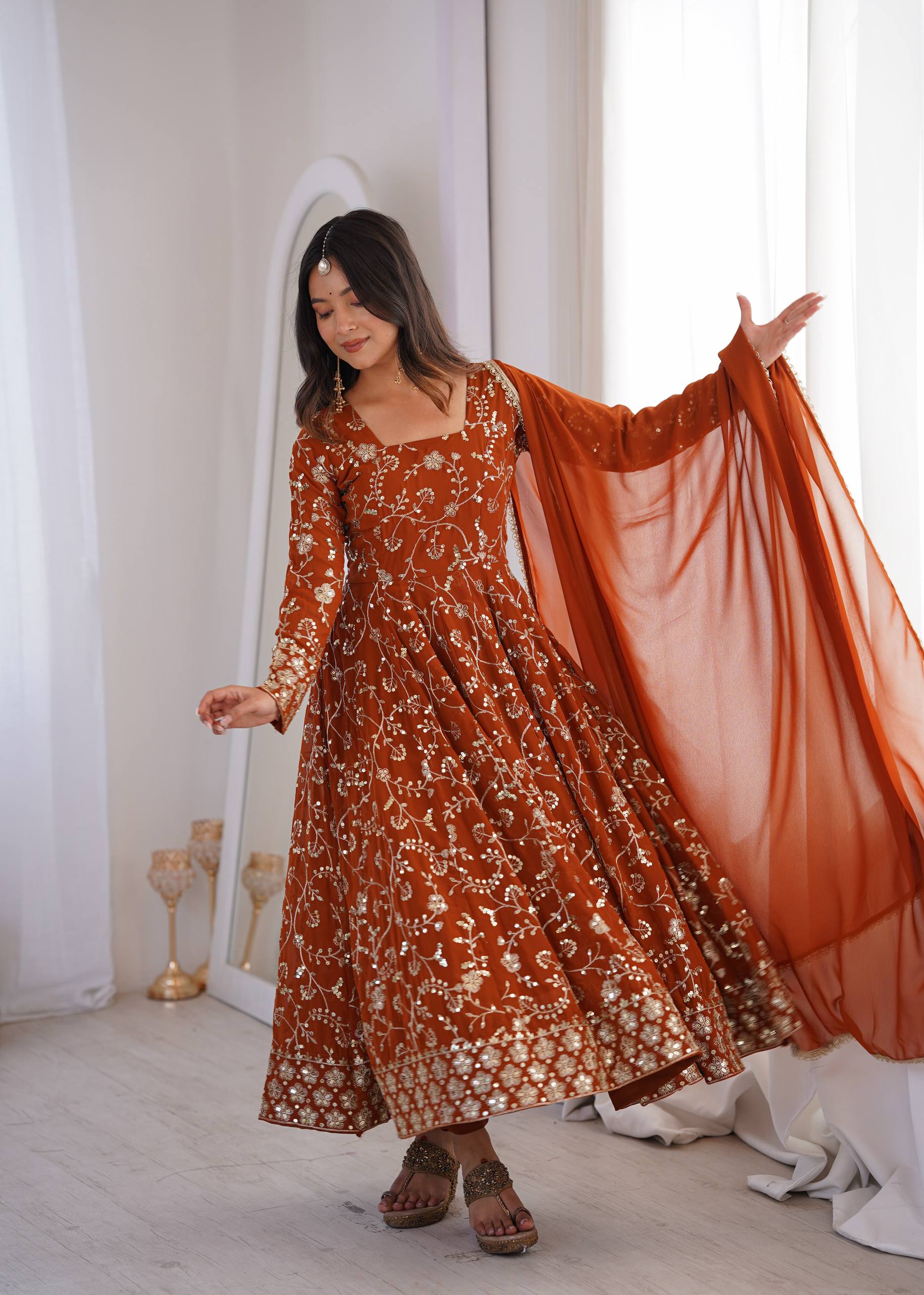 Rust Orange Heavy Embroidered Faux Georgette Anarkali Gown Set with Dupatta