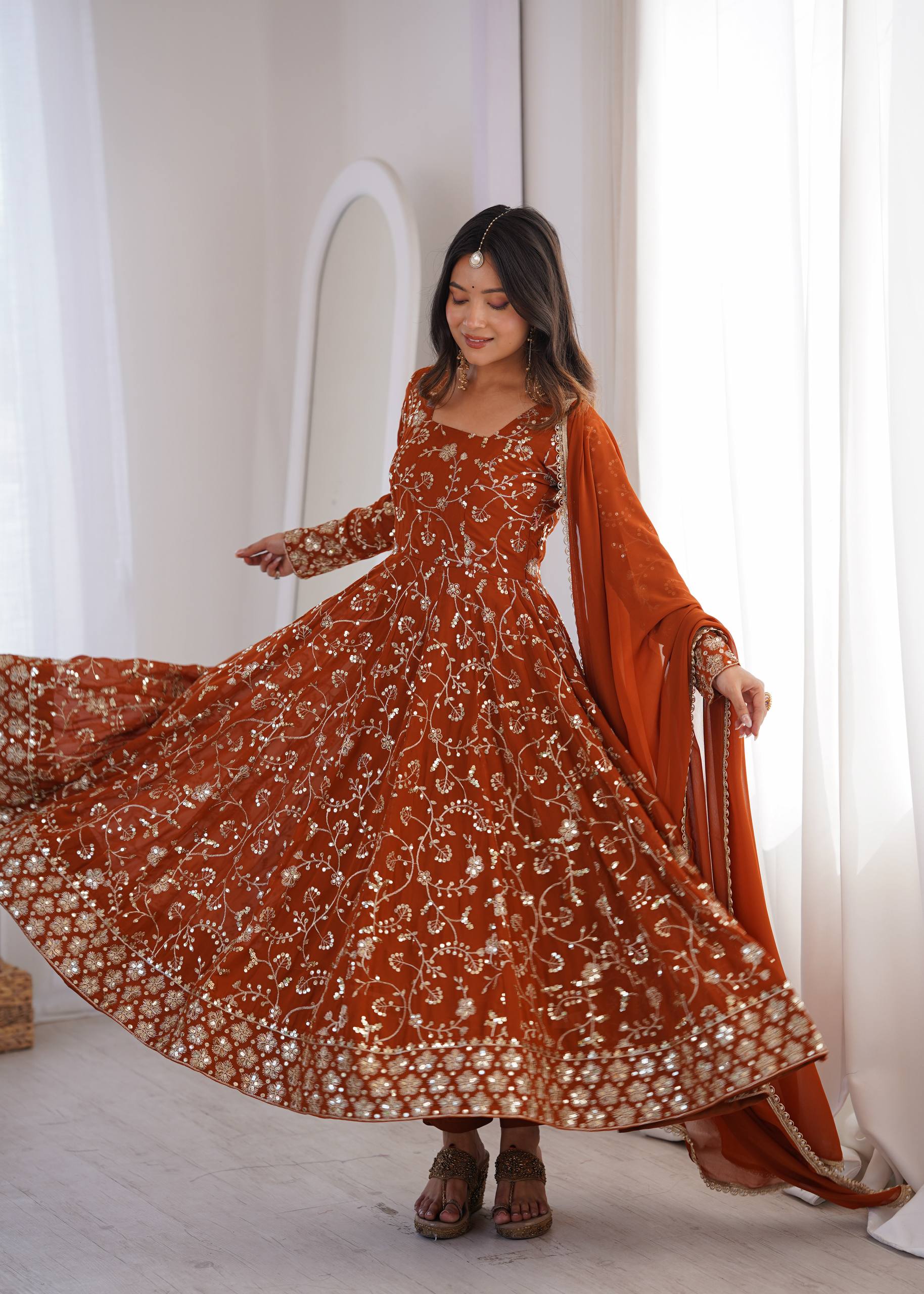 Rust Orange Heavy Embroidered Faux Georgette Anarkali Gown Set with Dupatta