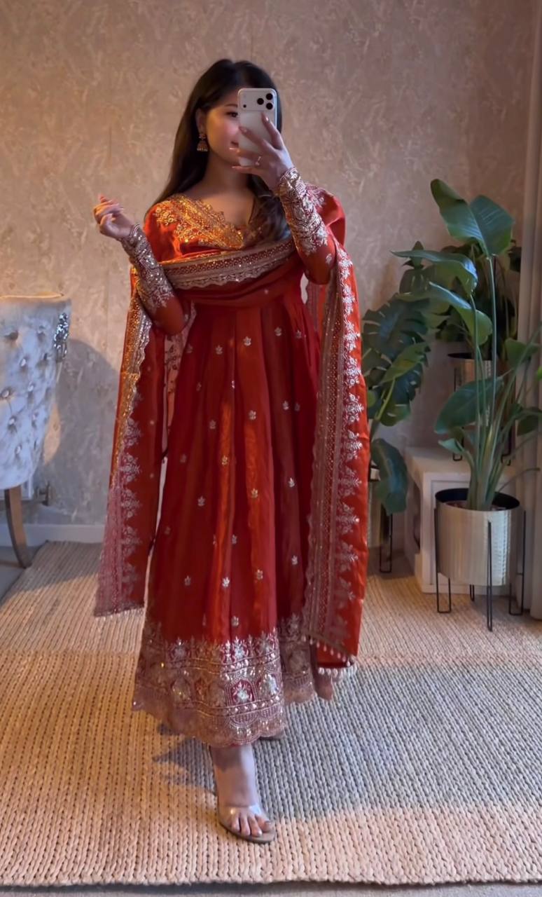 Rust Orange Fandy Silk Embroidered Anarkali Gown Set with Sequins Work