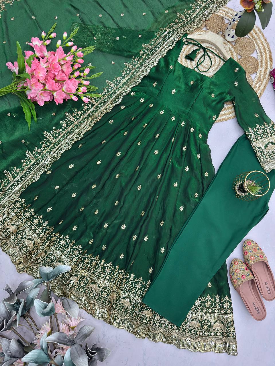 Emerald Green Fandy Silk Embroidered Anarkali Gown Set with Sequins Work