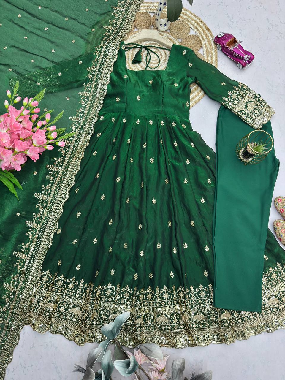 Emerald Green Fandy Silk Embroidered Anarkali Gown Set with Sequins Work