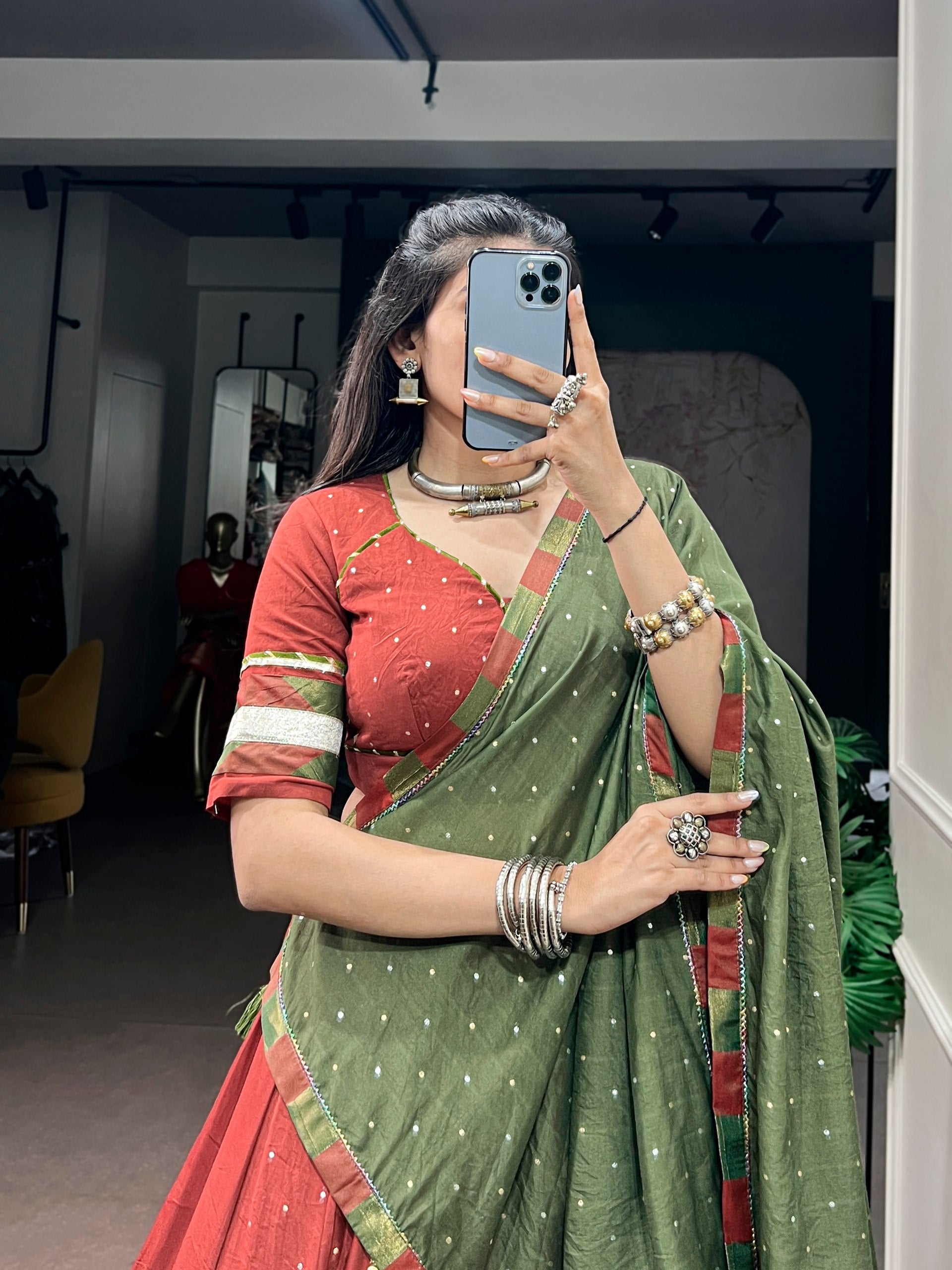 Brick Red & Olive Green Pure Chanderi Lehenga Choli with Zari Butti Dupatta