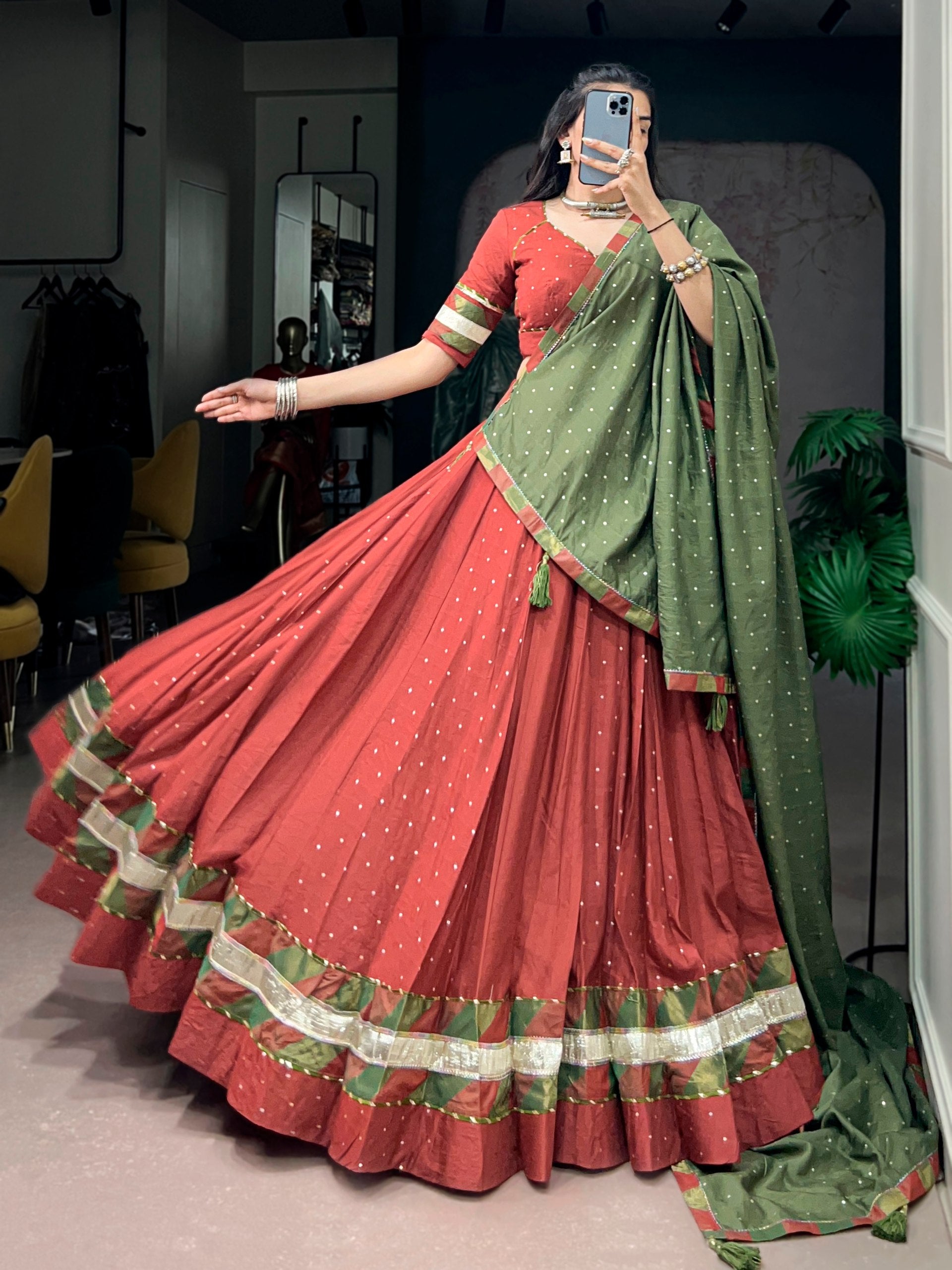 Brick Red & Olive Green Pure Chanderi Lehenga Choli with Zari Butti Dupatta