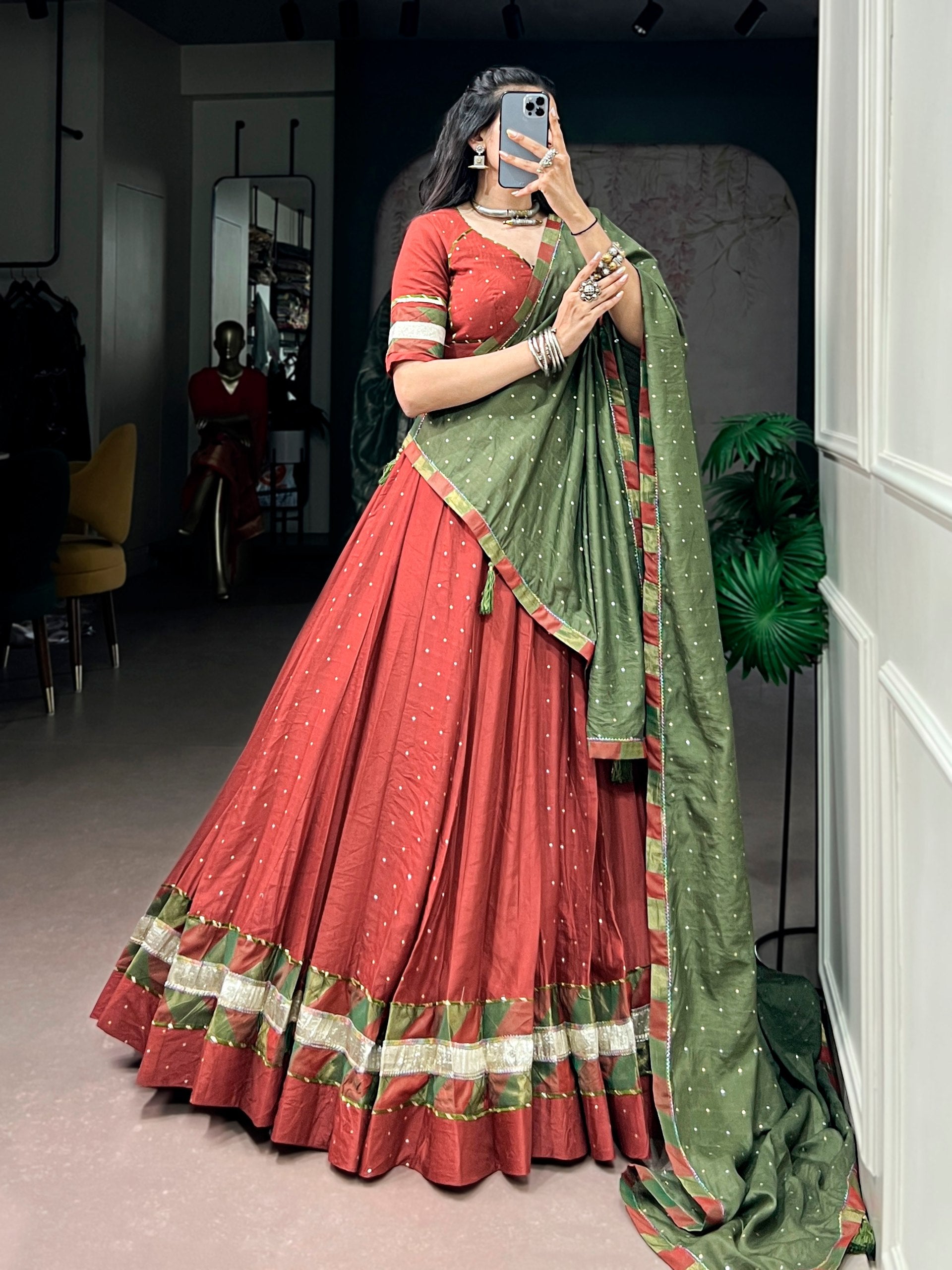 Brick Red & Olive Green Pure Chanderi Lehenga Choli with Zari Butti Dupatta