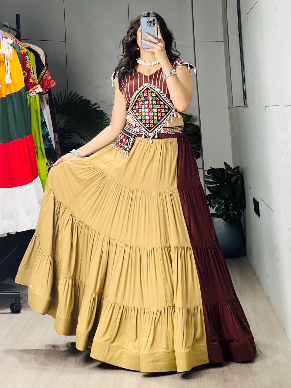 Classic Chocolate & Beige Navratri Chaniya Choli with Gamthi Mirror Work Purse