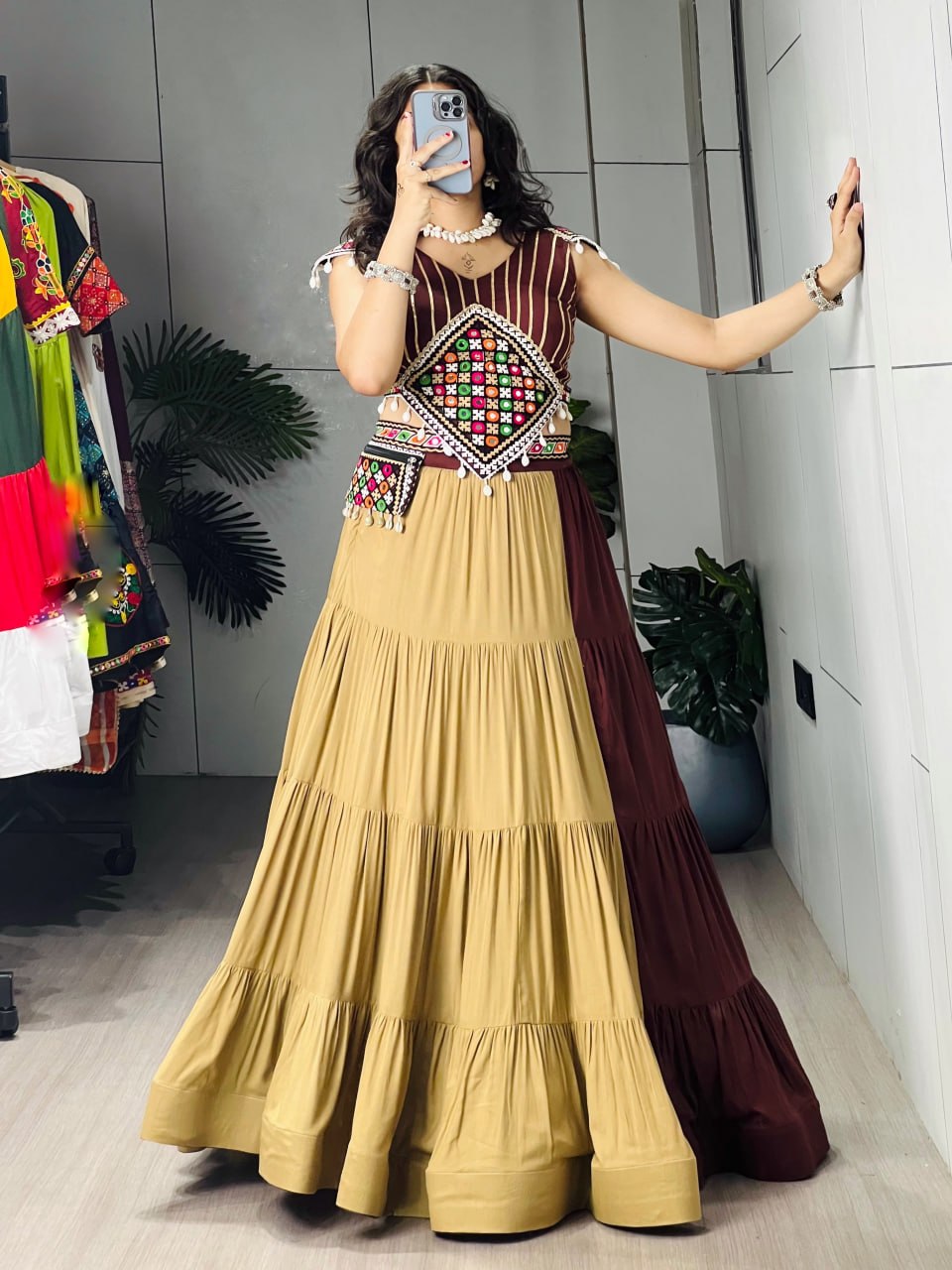 Classic Chocolate & Beige Navratri Chaniya Choli with Gamthi Mirror Work Purse