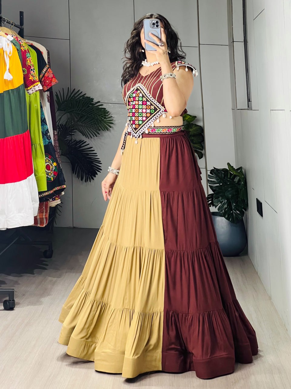 Classic Chocolate & Beige Navratri Chaniya Choli with Gamthi Mirror Work Purse