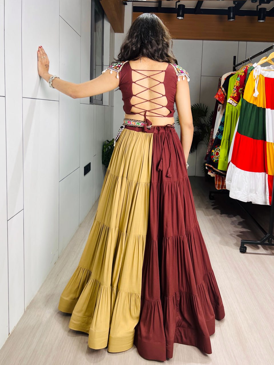 Classic Chocolate & Beige Navratri Chaniya Choli with Gamthi Mirror Work Purse