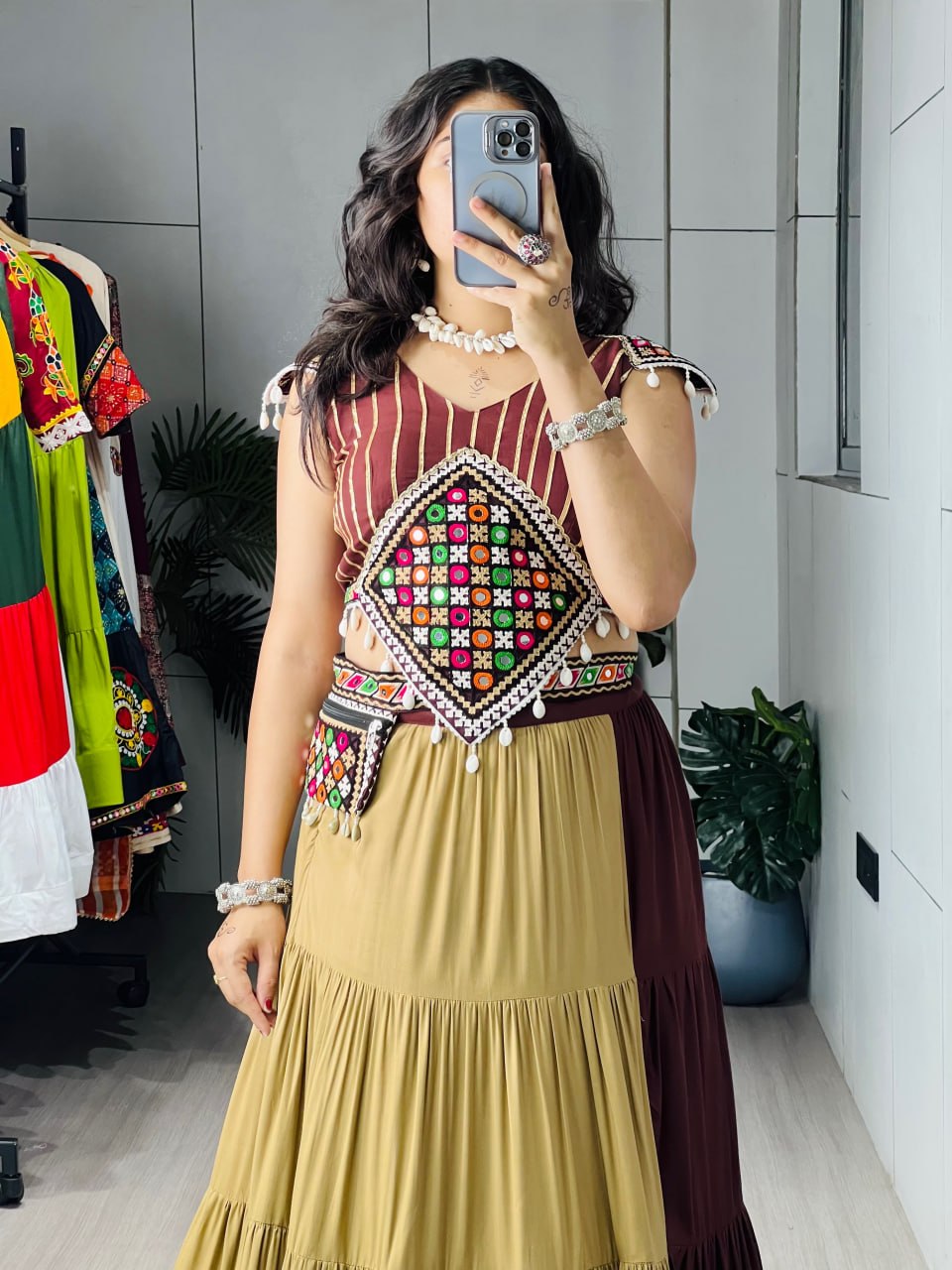 Classic Chocolate & Beige Navratri Chaniya Choli with Gamthi Mirror Work Purse