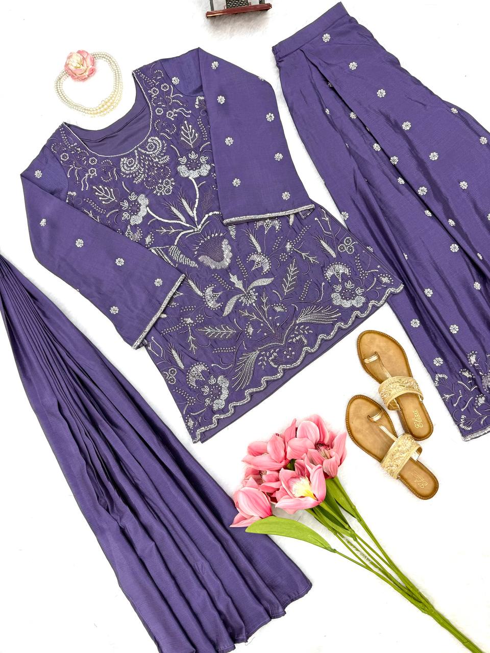 Purple Chinon Silk Cut Dana Beads Work Palazzo Suit Set with Dupatta
