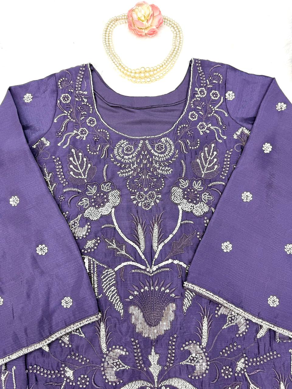 Purple Chinon Silk Cut Dana Beads Work Palazzo Suit Set with Dupatta