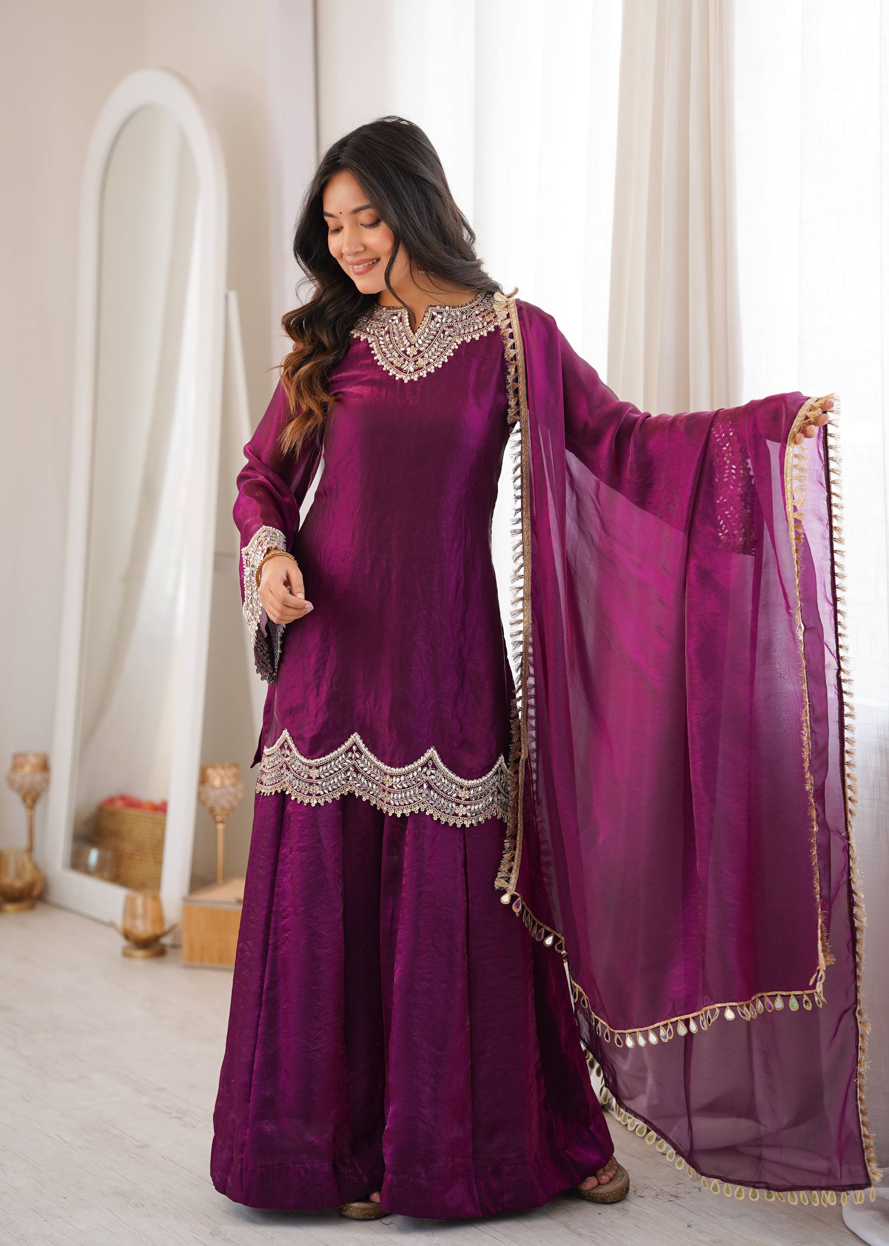 Royal Purple Fendy Silk Sharara Suit Set with Real Mirror & Embroidery Work