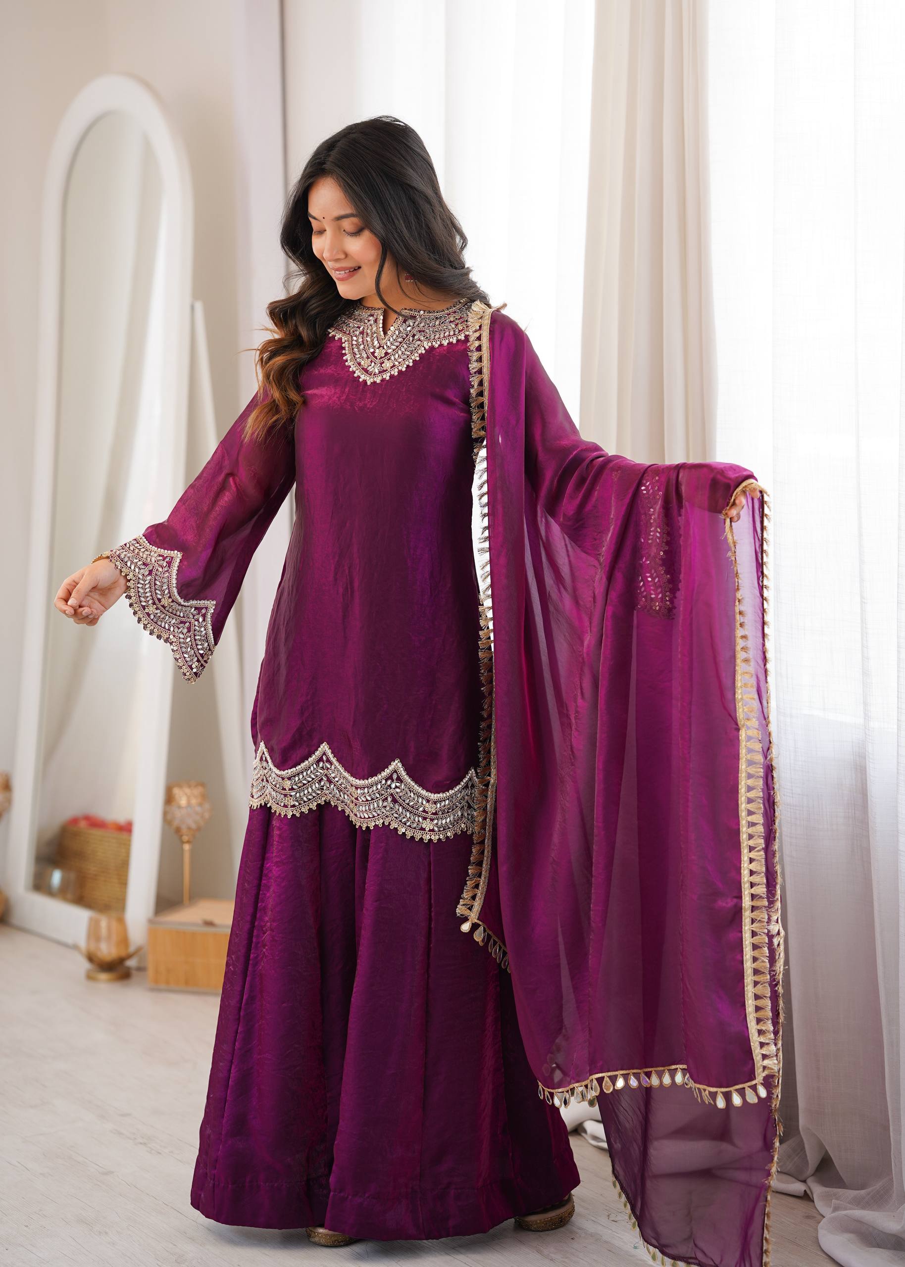 Royal Purple Fendy Silk Sharara Suit Set with Real Mirror & Embroidery Work