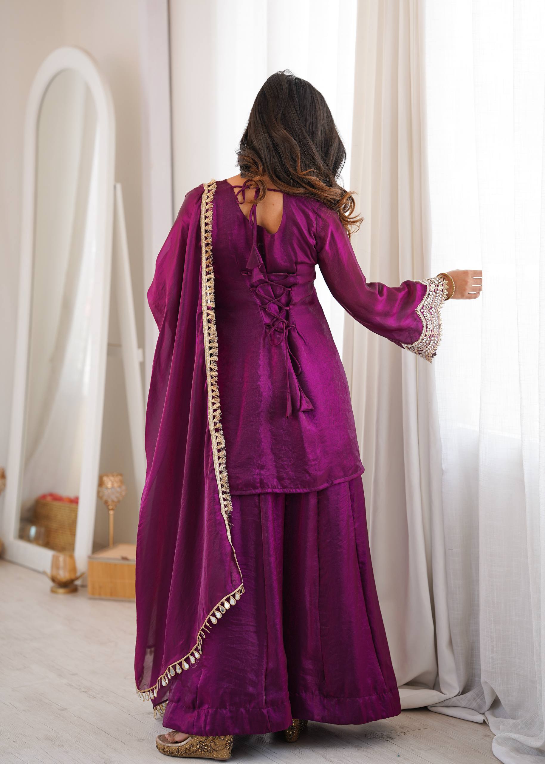 Royal Purple Fendy Silk Sharara Suit Set with Real Mirror & Embroidery Work