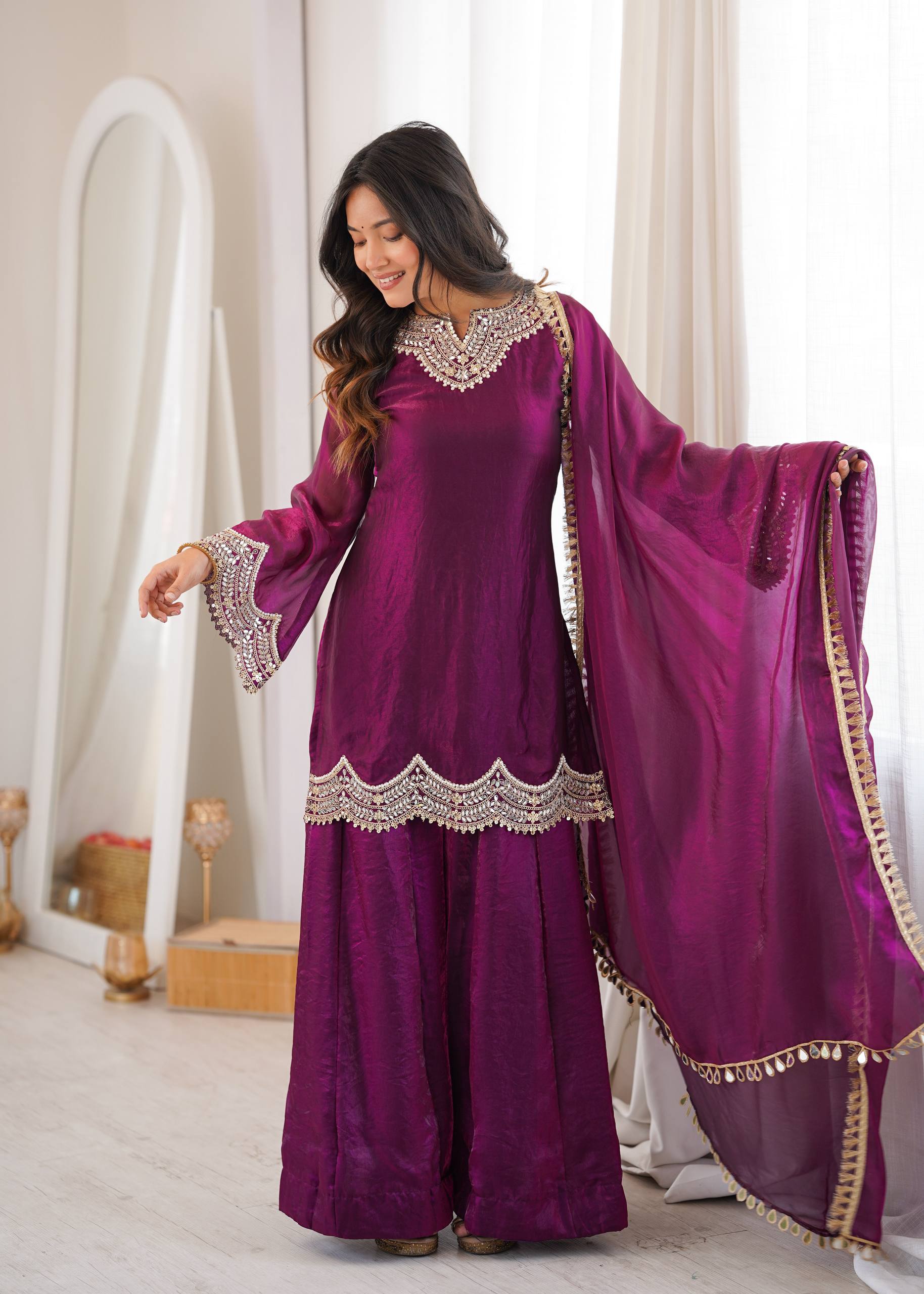 Royal Purple Fendy Silk Sharara Suit Set with Real Mirror & Embroidery Work