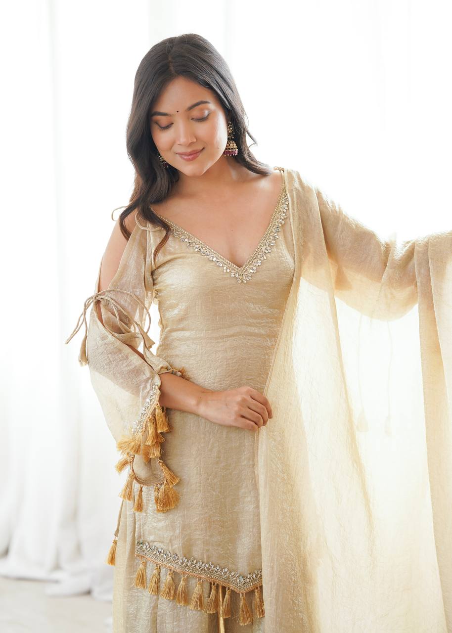 Champagne Gold Doremon Crush Kurta Palazzo Set with Tassel Dupatta