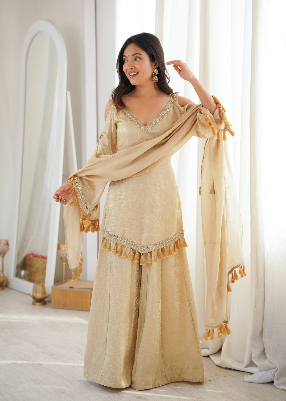 Champagne Gold Doremon Crush Kurta Palazzo Set with Tassel Dupatta