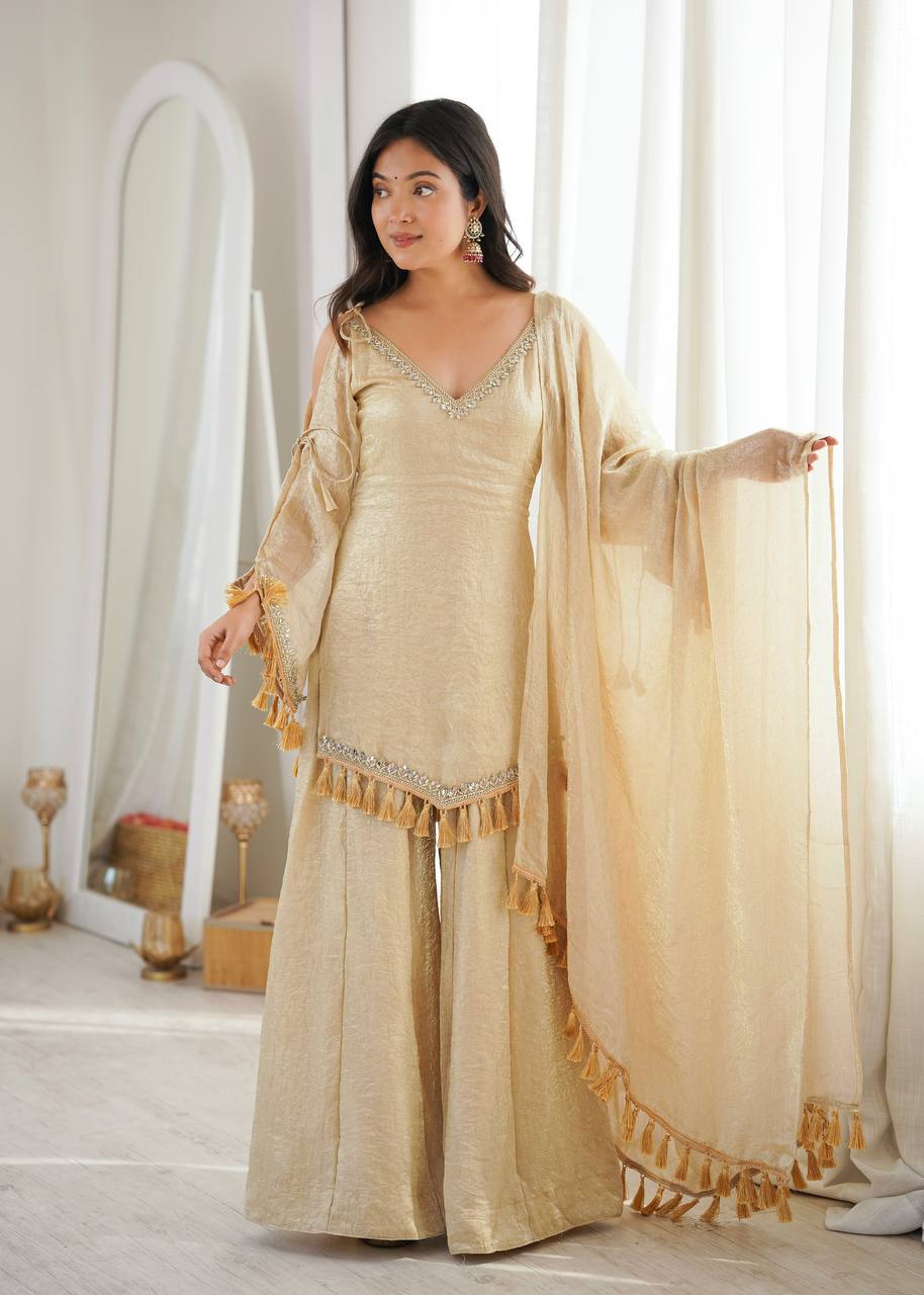 Champagne Gold Doremon Crush Kurta Palazzo Set with Tassel Dupatta