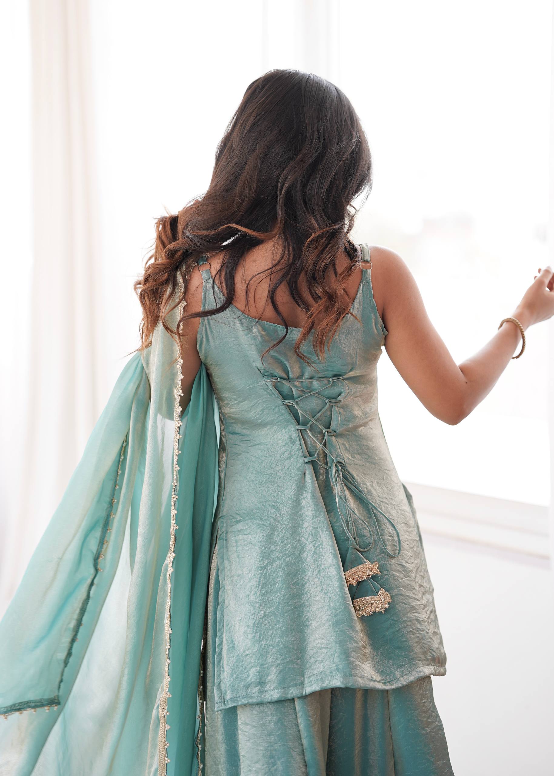 Sea Green Doremon Crush Palazzo Suit Set with Mirror & Sequins Embroidery Dupatta
