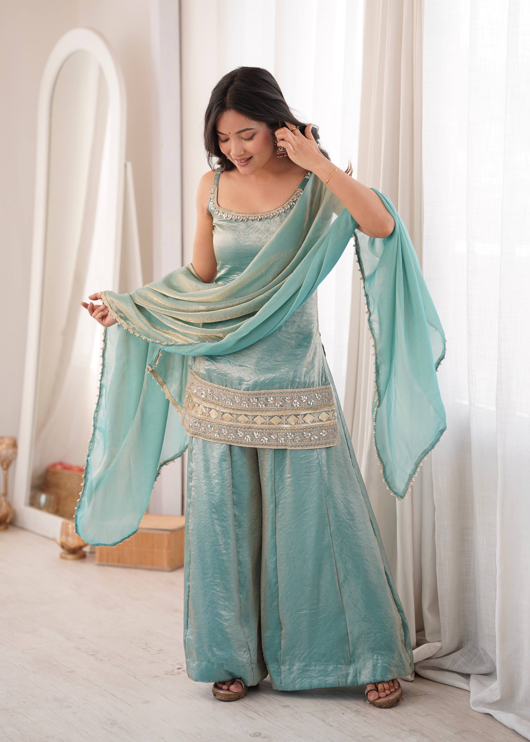 Sea Green Doremon Crush Palazzo Suit Set with Mirror & Sequins Embroidery Dupatta