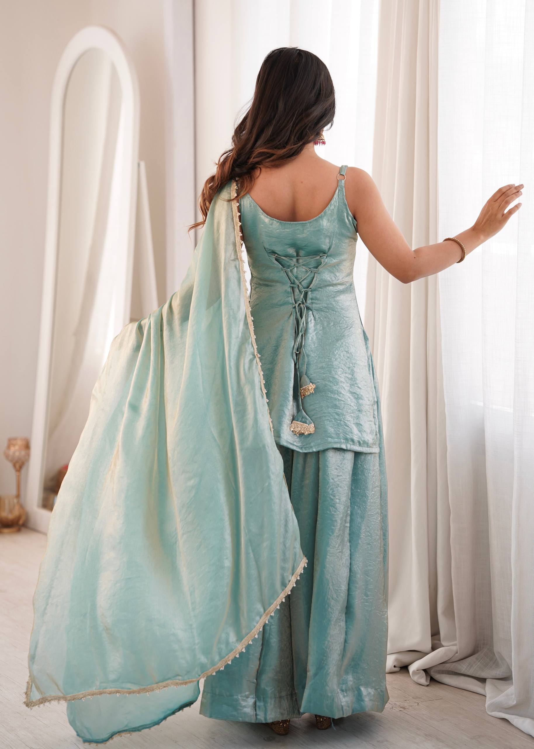 Sea Green Doremon Crush Palazzo Suit Set with Mirror & Sequins Embroidery Dupatta