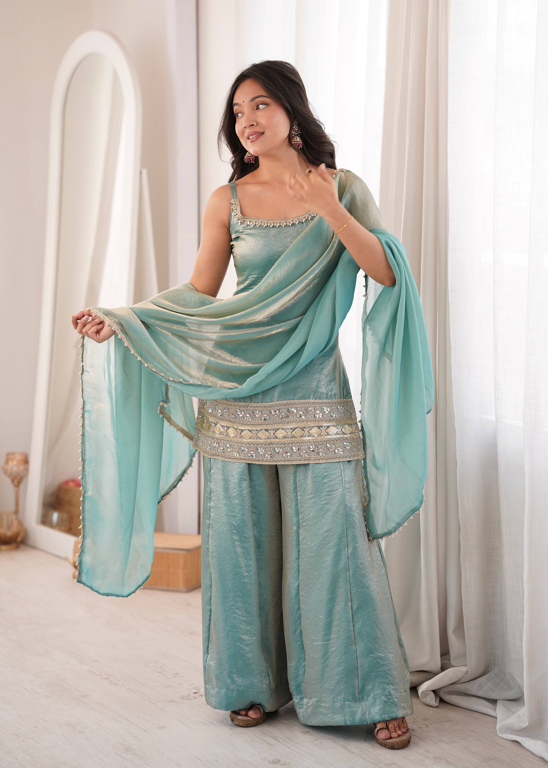 Sea Green Doremon Crush Palazzo Suit Set with Mirror & Sequins Embroidery Dupatta
