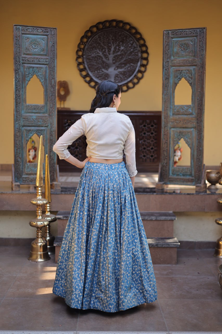 Dusty Blue Cosmos Weaving Jacquard Lehenga with Ivory Beads Embroidered Blouse