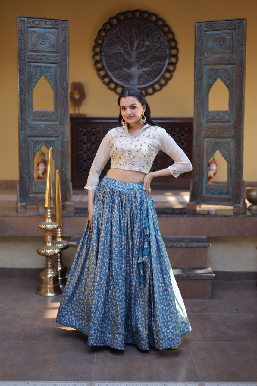 Dusty Blue Cosmos Weaving Jacquard Lehenga with Ivory Beads Embroidered Blouse