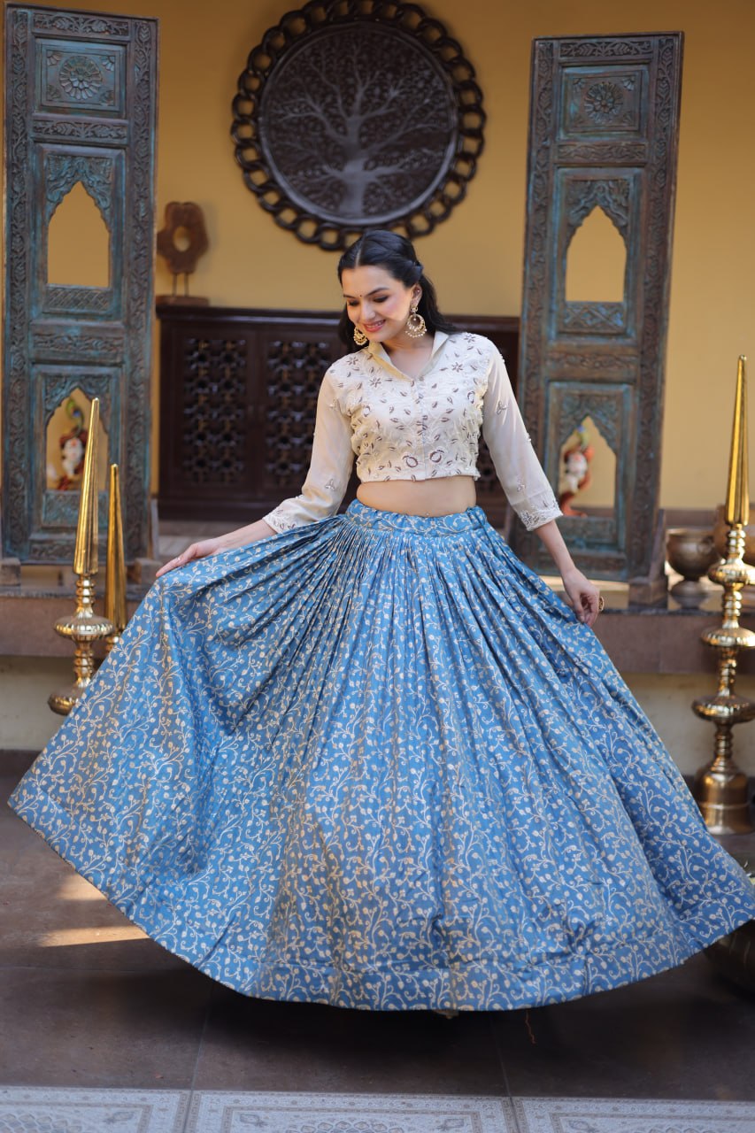 Dusty Blue Cosmos Weaving Jacquard Lehenga with Ivory Beads Embroidered Blouse