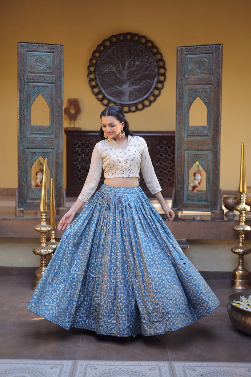 Dusty Blue Cosmos Weaving Jacquard Lehenga with Ivory Beads Embroidered Blouse