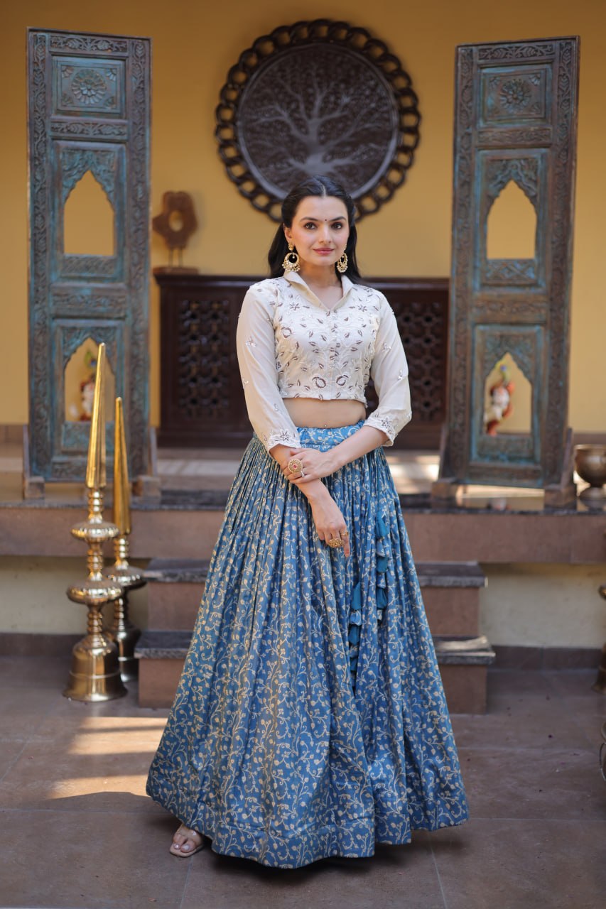 Dusty Blue Cosmos Weaving Jacquard Lehenga with Ivory Beads Embroidered Blouse