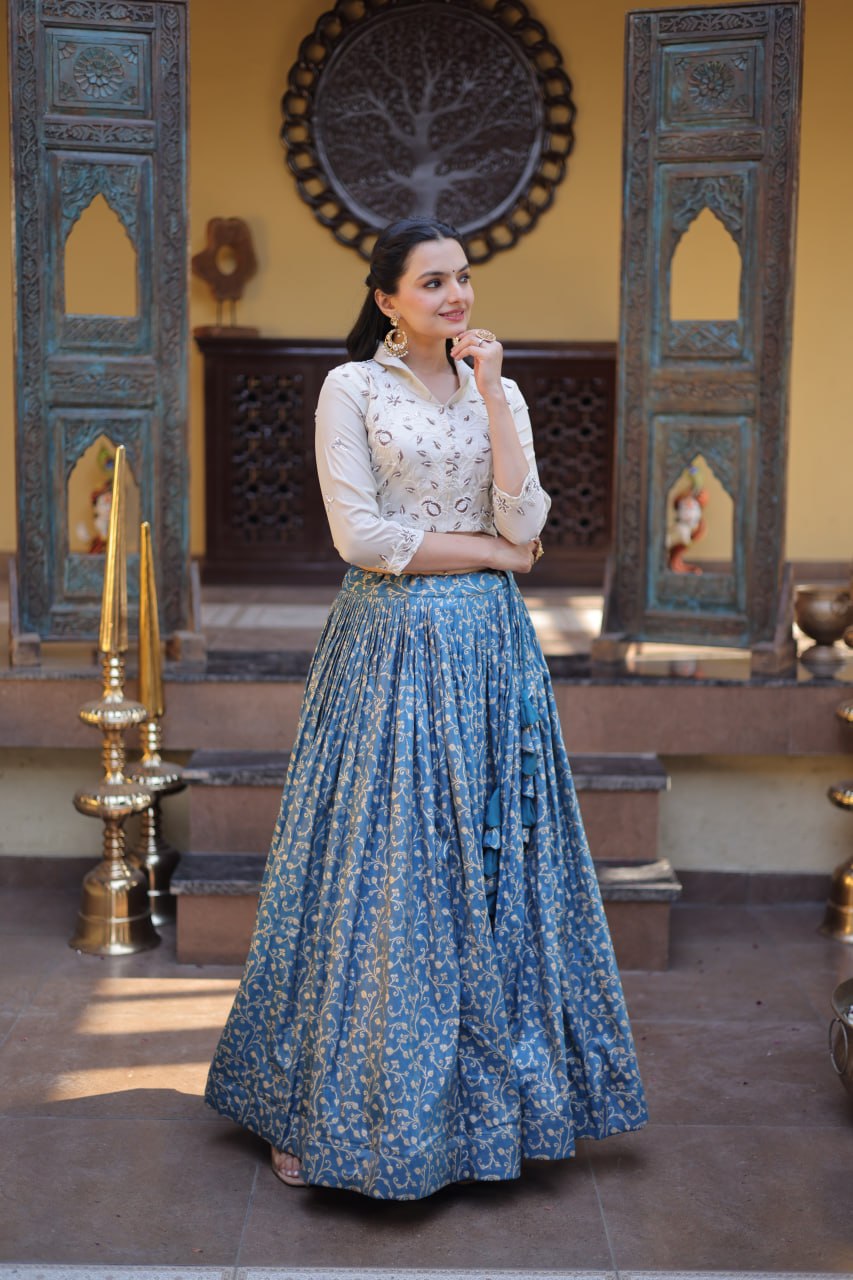 Dusty Blue Cosmos Weaving Jacquard Lehenga with Ivory Beads Embroidered Blouse