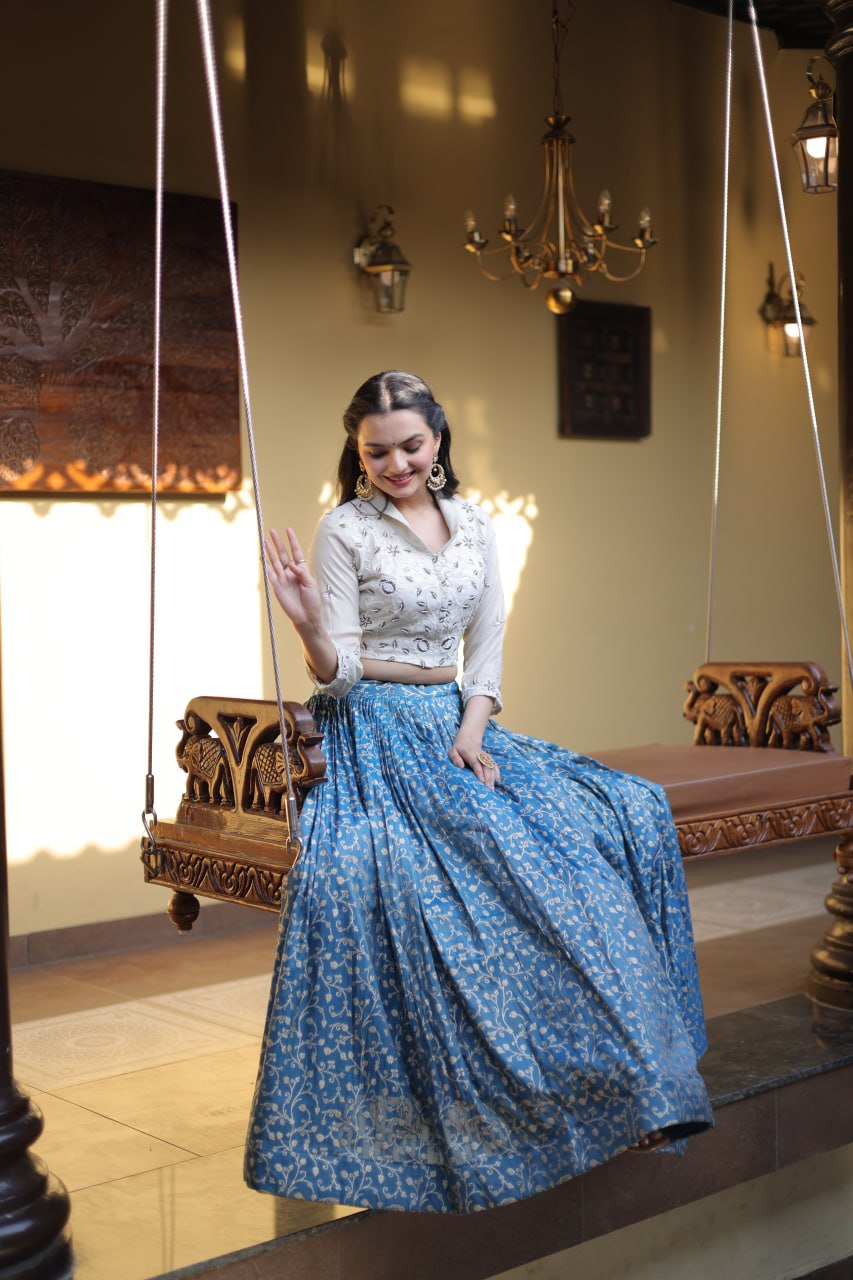 Dusty Blue Cosmos Weaving Jacquard Lehenga with Ivory Beads Embroidered Blouse
